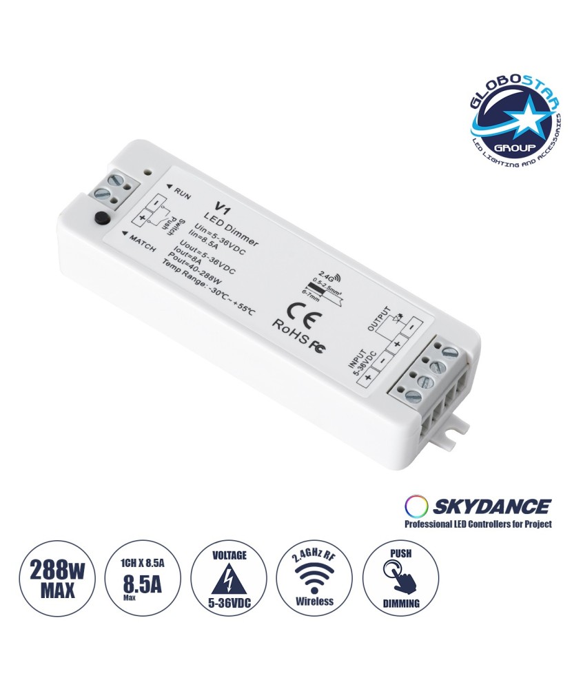 GLOBOSTAR® SKYDANCE-V1 71567 DC RF 2.4Ghz & Push Dimmer - Controller με 1 x 8A 288W Κανάλι DC 5-36V 8A 288W Max IP20 - RF 2.4Ghz & Push Dimming - Μ10 x Π3.5 x Υ2cm - 5 Χρόνια Εγγύηση